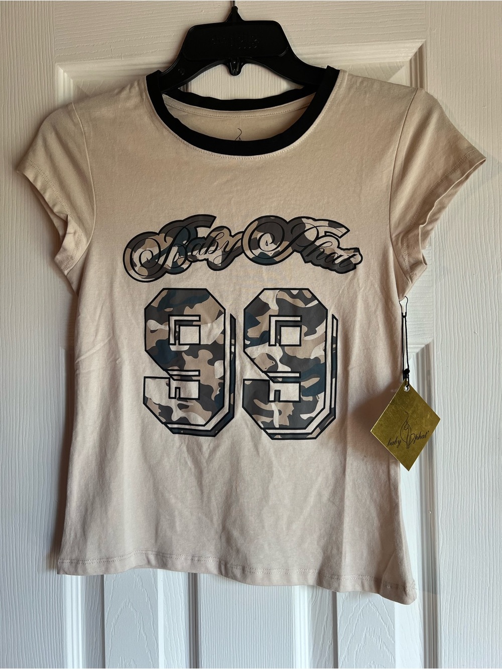 Baby Phat Cream Tee with Black Trim and Camo Graphic